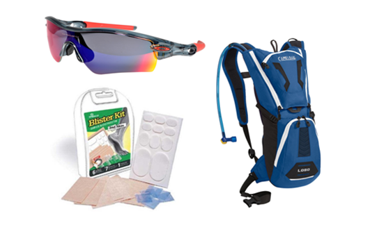 An example of a pair of sunglasses, blister kit and camel bag